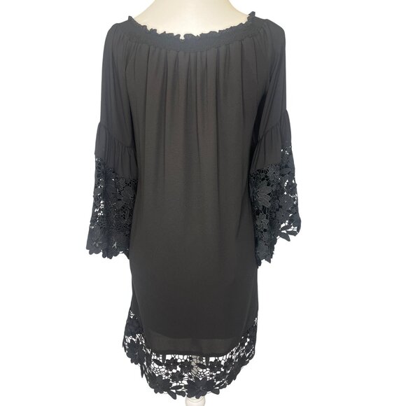 Joseph Ribkoff Dress Lace Bell Sleeves Elastic Neck Ladies Size Large Black - Picture 3 of 10